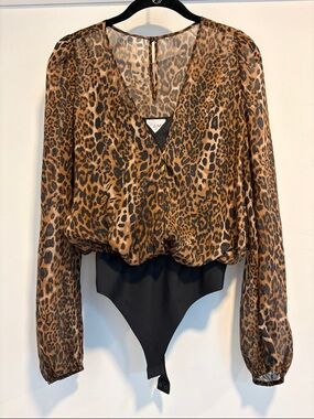 Cami NYC Leopard Print V-Neck Long Sleeve Bodysuit - Brown & Black
